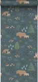 ESTAHome behang bos met bosdieren vergrijsd blauw - 53 cm x 10.05 m