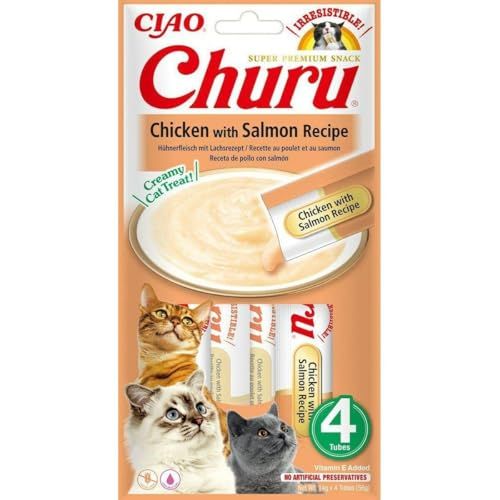 INABA Churu - Kattensnacks met gepureerde tonijn en zalm - Heerlijke snacks voor katten - Zachte en romige textuur - Kattenvoer - 4 Tubes x 14g