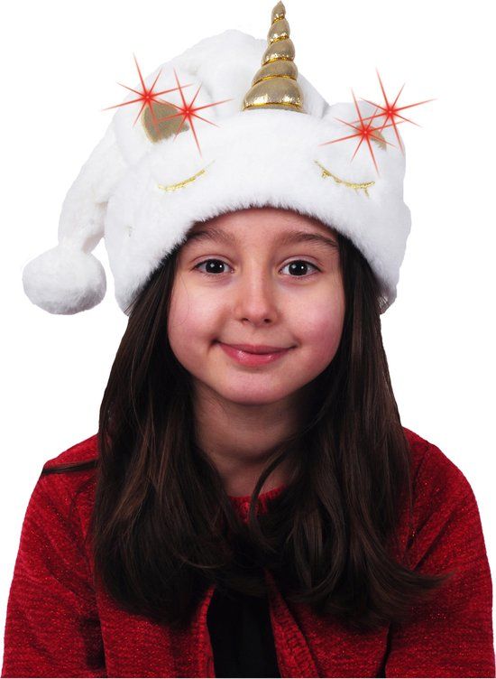 Merkloos Eenhoorn kerstmuts wit met verlichting voor kinderen