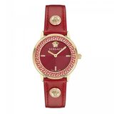 Versace VE2P00722 Vrouwen Polshorloge - Roestvrij Staal - Goudkleurig - Rood Kalfsleer - Rond - 36mm