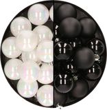 Decoris Kaemingk B.V. 32x stuks kunststof kerstballen mix van parelmoer wit en zwart 4 cm