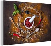MuchoWow Wanddecoratie Metaal - Aluminium Schilderij Industrieel - Vijzel - Kruiden - Lepels - Specerijen - Bruin - Peper - 120x80 cm - Dibond