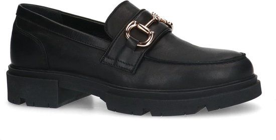 Manfield Dames Zwarte Leren Loafers met Goudkleurig Detail - Maat 41
