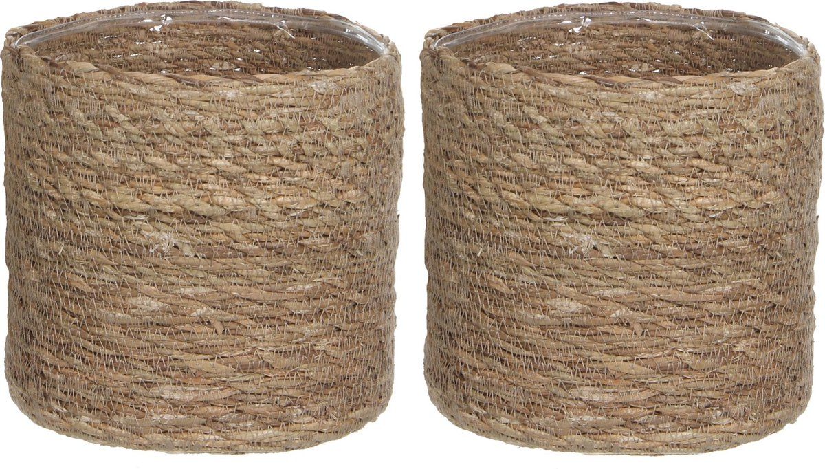 Mica Decorations 2x stuks naturel bruin rotan planten/bloemen pot mand van gedraaid jute/riet/zeegras H20 en D20 cm - Met plastic binnenkant