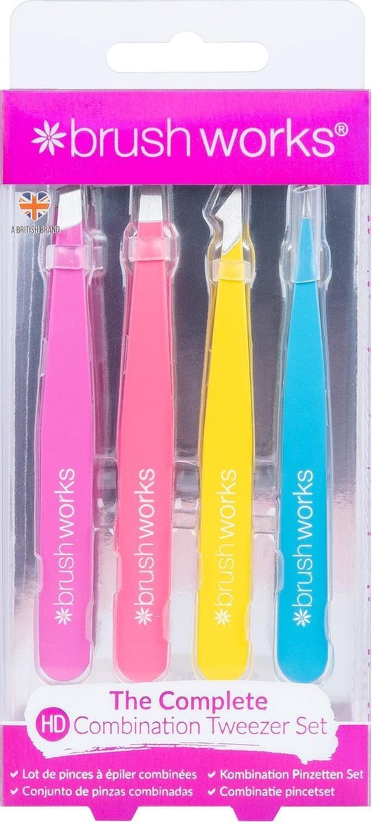 Brushworks HD 4 Piece Combination Pincet Set - Neon