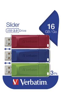 Verbatim Slider USB-stick - 16GB - 3 stuks - Blauw/Groen/Rood