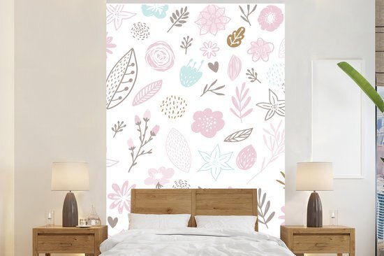 Nr1Wallpaper Behang - Fotobehang Kinderillustratie met bloemen en bladeren - Breedte 225 cm x hoogte 350 cm