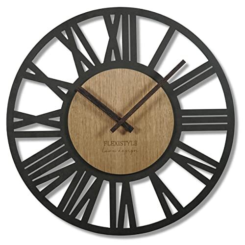 FLEXISTYLE Wandklok groot Adulto 50cm diameter LOFT Retro hout eiken zonder tikkend geluid woonkamer (zwart / eiken)