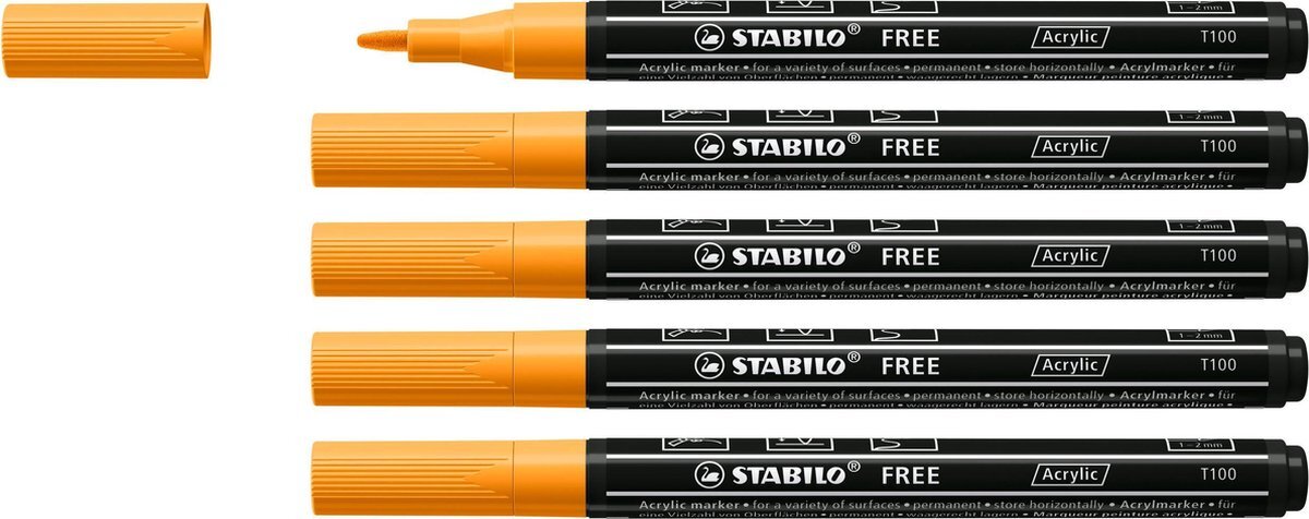 Stabilo FREE - Acryl Marker - T100 - Ronde Punt - 1-2 mm - Oranje - Doos 5 stuks