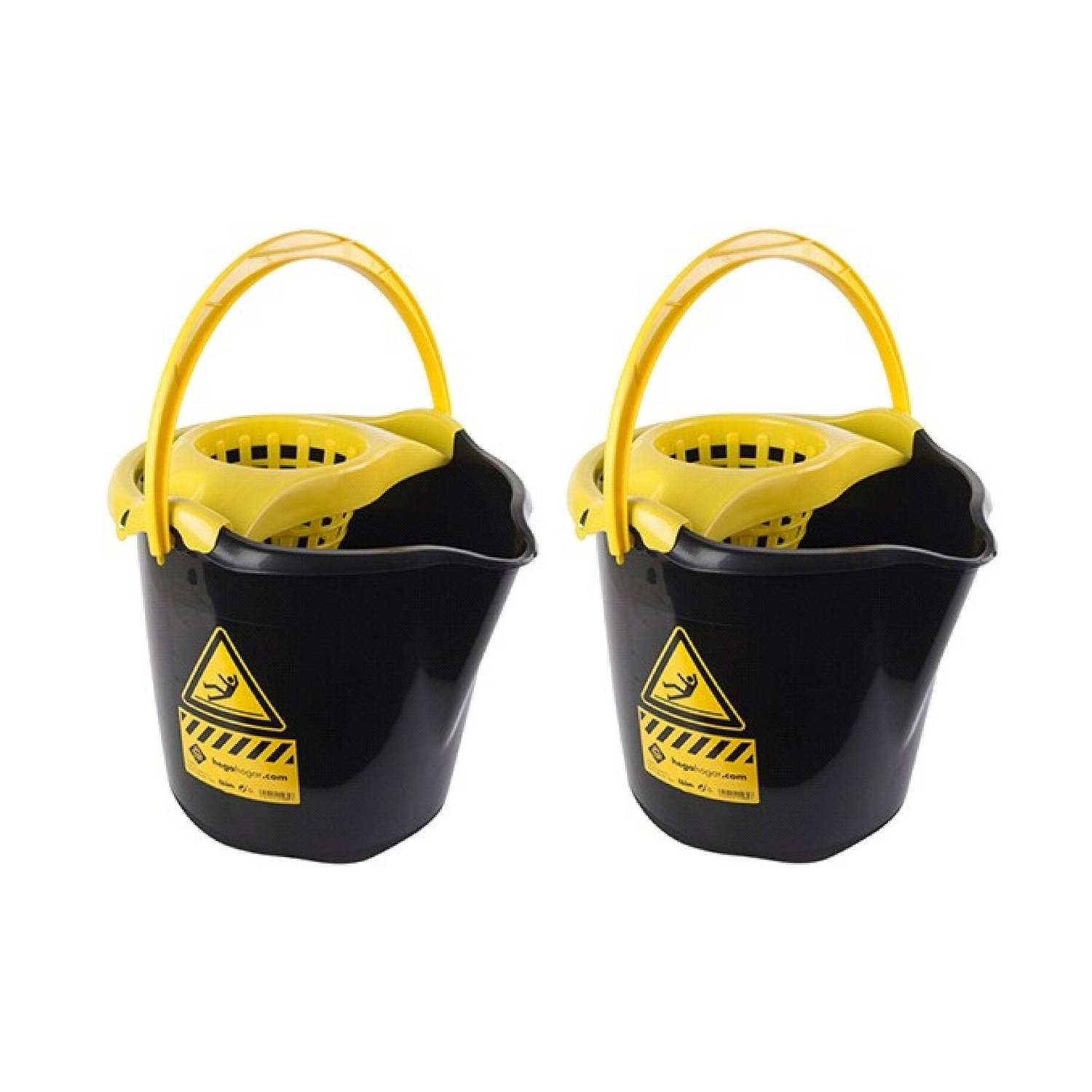 Hega hogar 2x Dweilemmers/mopemmers 13,5 liter zwart/geel caution 32 x 30 cm - Vloer reinigen/dweilen - Schoonmaakartikelen