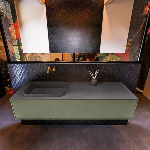 Mondiaz ERIN 150cm badmeubelset onderkast Army met 1 lade Wastafel RIDGE links Dark grey ERIN11780