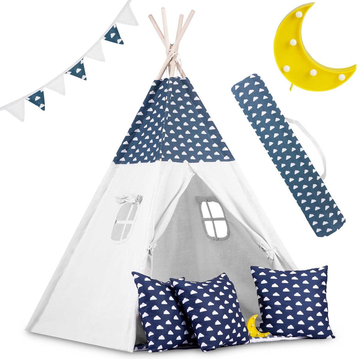 Viking Choice Tipi tent - Blauw & wolken - Katoen - met Kussens en Lampjes