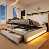 STILVORA Gestoffeerd Bed 140x200 cm – USB En USB-C, LED, Hydraulische Opbergruimte En Lades – Zonder Matras – Beige