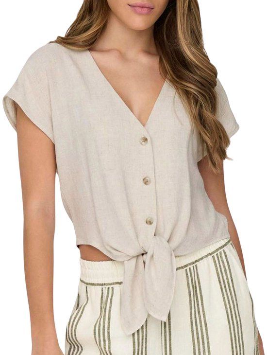 Only Siesta Knot Linnen Blouse Dames - Maat S - Crème - Gestreept - Korte mouw - V-hals - Regular Fit