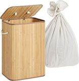 Merkloos Relaxdays Wasmand met deksel, 2 vakken, bamboe, 105 liter, opvouwbaar, H x B x D 63 x 52 x 32 cm, wassorteersysteem, naturel