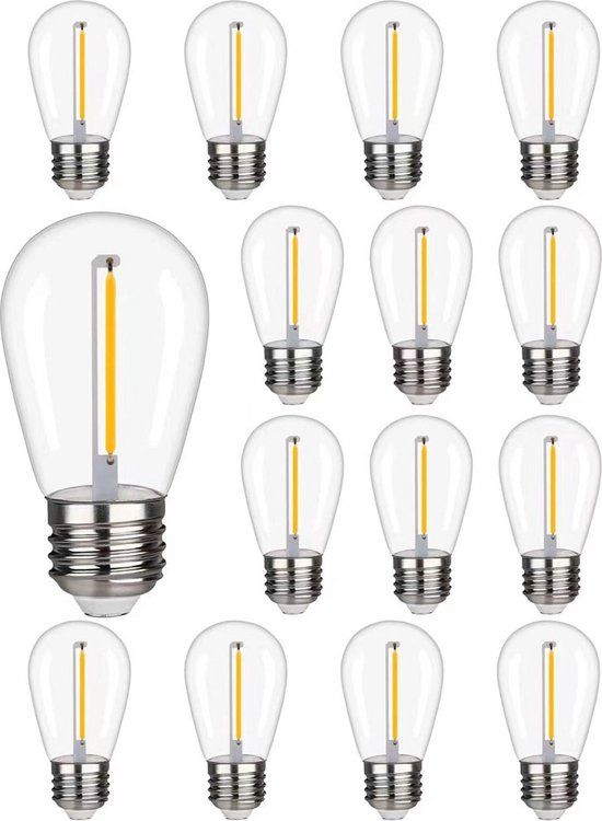 HOFTRONIC 15x E27 LED Filament lamp - 1 Watt - 2700K warm wit - S14 - voor 12V aansluiting - Plastic