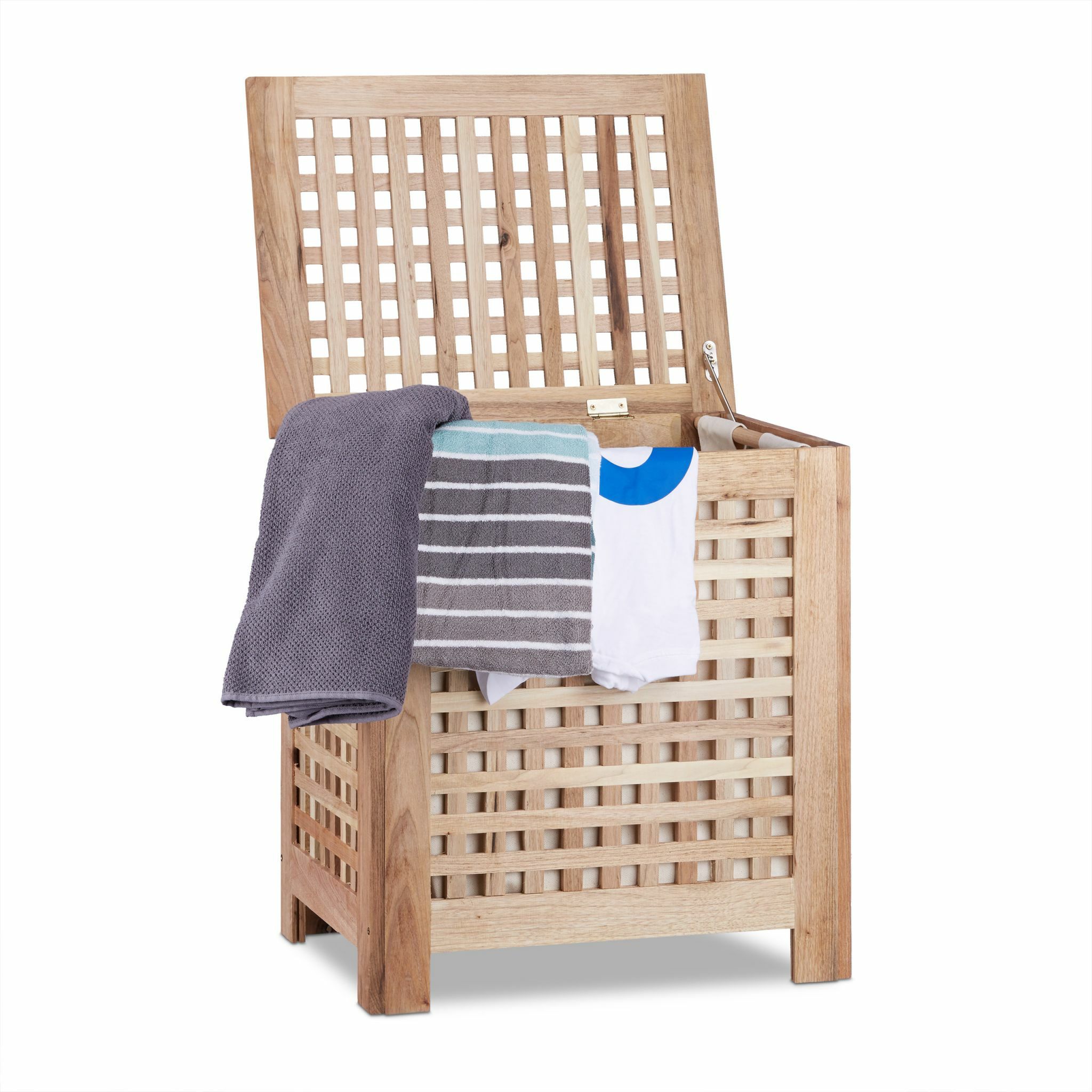 Relaxdays wasmand walnoot - met deksel - 70 l - uitneembare waszak - 55,5 x 52,5 x 39,5 cm