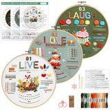 VINATO Borduurset voor beginners, 3 motieven feestelijke print, bamboe frame 20 cm, schaar, draden in 10 kleuren, complete kruissteekset, creatieve hobby voor volwassenen