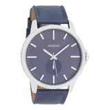 OOZOO Timepieces - Zilverkleurige horloge met blauwe leren band - C10332