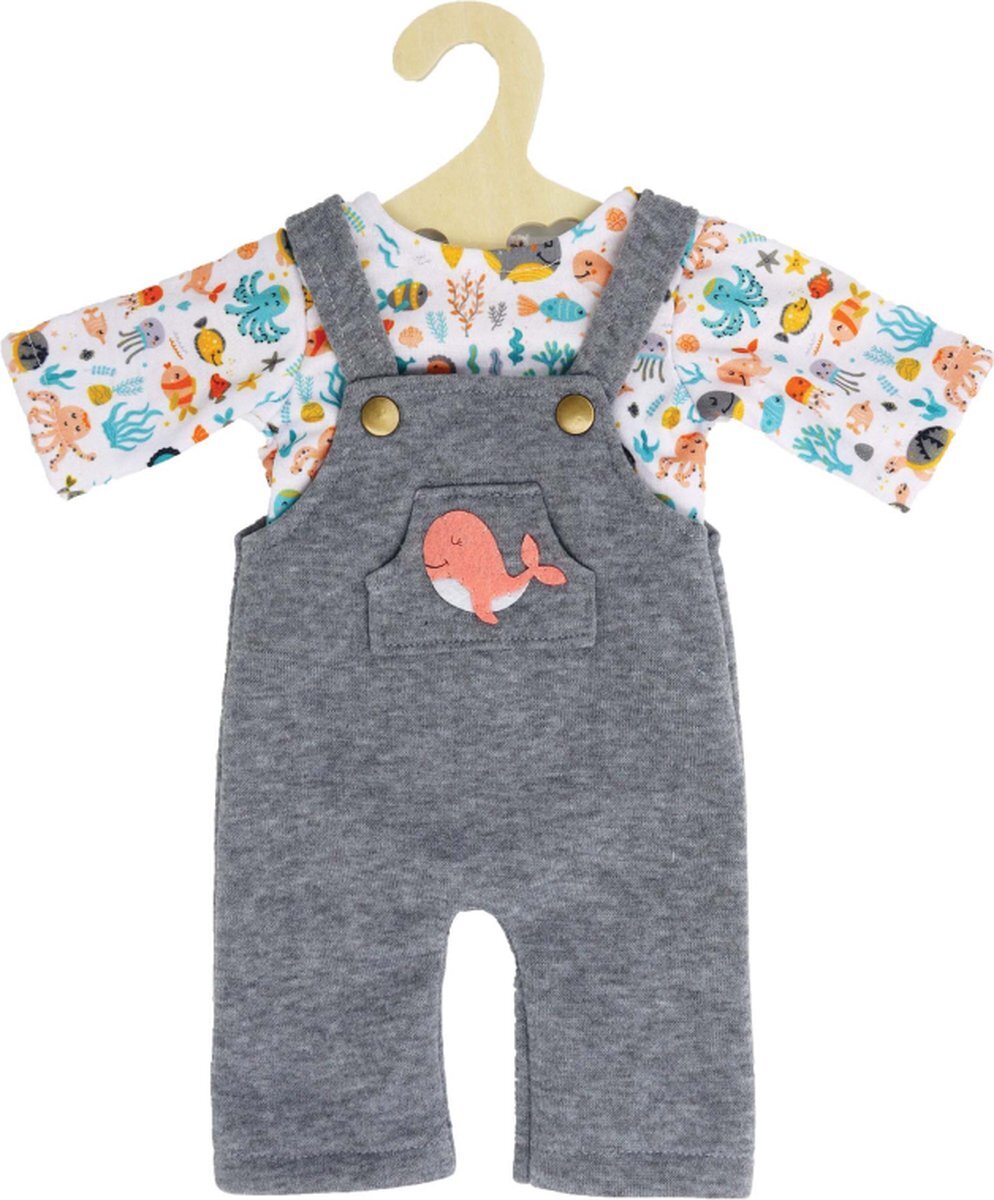 Heless 2215 - Poppenkleding in design Wal Bobby, 2-delige set met grijze tuinbroek en kleurrijk T-shirt met opdruk voor poppen en knuffeldieren in de maat 35 - 45 cm