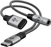 Goobay USB-C (m) naar 3,5mm Stereo Jack (v) en USB-C laadpoort - DAC - Nylon sleeve - 0,1 meter - Zwart