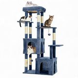 IDEALHOUSE Extra stabiele krabpaal 155 cm voor grote katten & Maine Coon – XXL ligvlak, 2 ruime holtes, natuurlijke sisal krabzummen, speelgoed, kleur: lichtblauw
