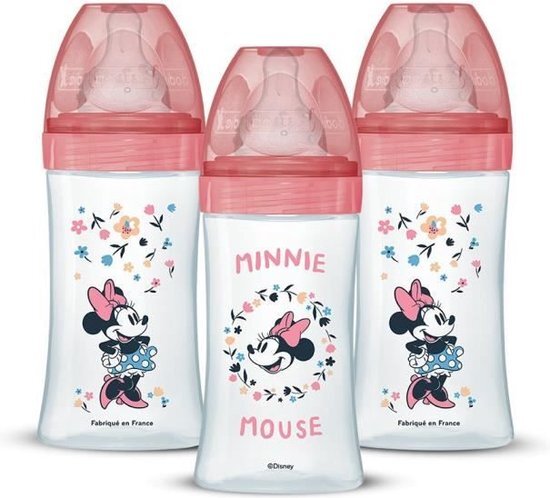 Set van 3 Dodie Anti -Color Initiation+ Biberons - Minnie - 270ml - 0-6 maanden - Ronde Pacifier - Debit 2