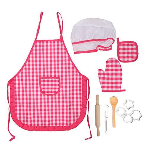 0.1 Bakbenodigdheden voor kinderen Kinderkeukenbakset, Chef-kokkostuum voor kinderen Speelgoed voor kookschorten, keuken rollenspel, voor verjaardagscadeau(Red grid kitchen baking 11-piece set)