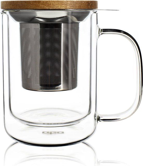 OGO Dubbelwandige Theepot met filter - 350ml - Glas, Hout, RVS - Transparant