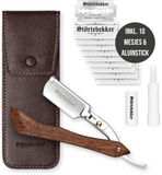 Störtebekker® Premium Scheermes 'Heartwood' met houten handvat in een handgemaakt leren etui - incl. aluinstick & 10 mesjes - Scheermessenset - Scheerset / Barbiersmes - Shavette / Straight Razor