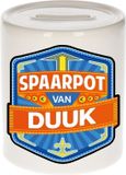 Bellatio Decorations Kinder spaarpot met naam - Duuk - keramiek - met dop - wit
