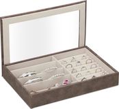 Relaxdays Sieradendoos met Lederlook, Juwelendoosje met Kijkvenster, Mannen & Vrouwen, 5 x 30 x 21 cm, Bruin