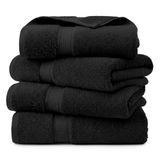 Superior Egyptische katoenen badhanddoek, set van 4, ultrazachte luxe handdoeken, dikke pluche benodigdheden, absorberend zwaargewicht, gastenbad, hotel, spa, thuisbadkamer, douche-basis, zwart