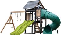 AXI Cody Speeltoestel met Schommels, Trapeze en Klimwand – Limoen Groene Dubbele Glijbaan – Met Buisglijbaan - Met Picknickbank - FSC 100% hout – Speeltoren voor de tuin / buiten