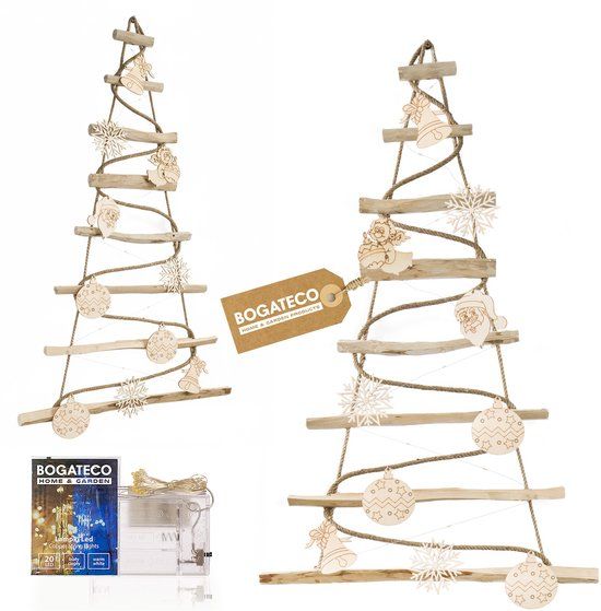 BOGATECO Handgemaakte kerstboom 95 cm hoog met decoraties, gemaakt van hazelnoothout | Decoratieve hanger | met 200 cm LED-verlichting | Houten panelen verbonden met een jute touw met een dikte van 6