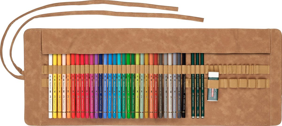 Faber-Castell 110030 Polychromo kleurpotloden, 30-delige set met pennenrol van leer en accessoires, waterbestendig, onbreekbaar, voor professionals en hobbykunstenaars, kleurrijk