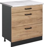 Vicco Keukenonderkast R-Line, Goudkleurig Eiken/Antraciet, 80 cm met 3 laden marmer werkblad