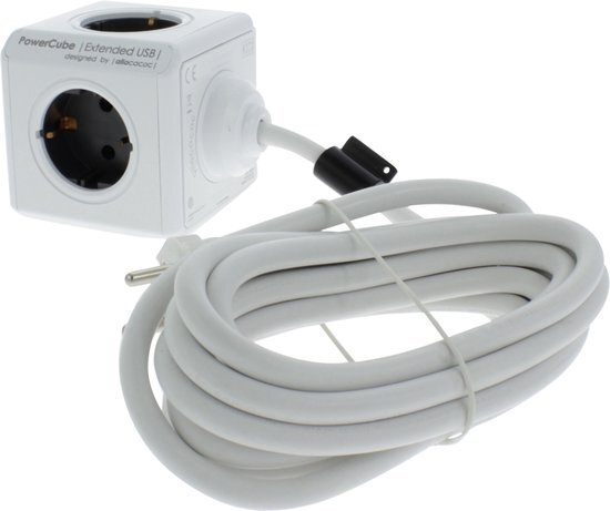 DesignNest Differnz Powercube Stekkerdoos - 4-voudig - 2 x USB - 3m - Grijs