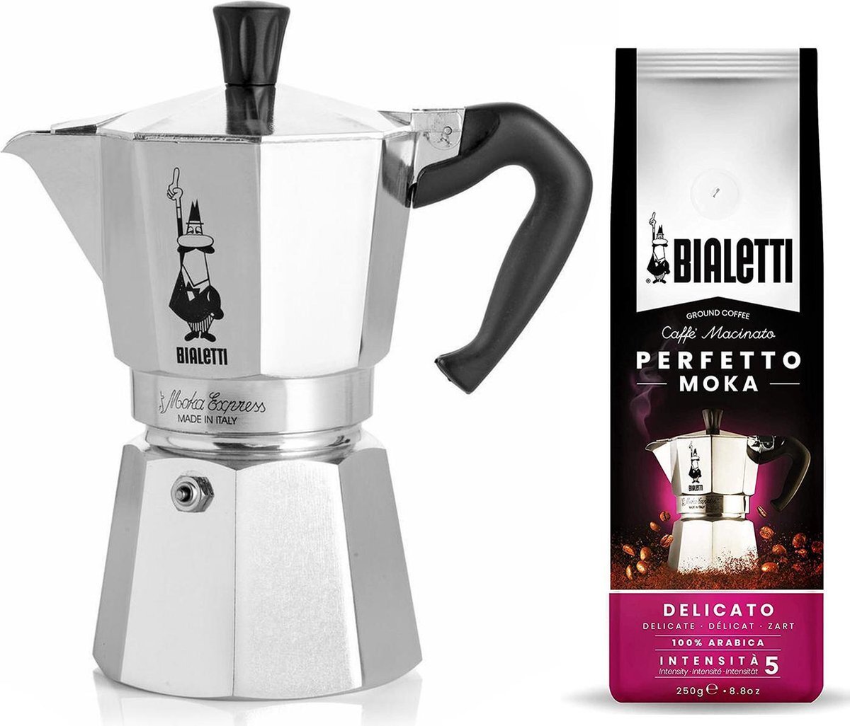 Bialetti Moka Express 2 kops + Delicato gemalen koffie 250gr