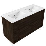 Saniclass Set meuble de salle de bain avec cadre en bois - 120x45x62cm - Lavabo en céramique Vygo blanc - 2 vasques - sans trous de robinetterie - 2 tiroirs - chêne mat charcoal (bois) SW1578607/SW773928