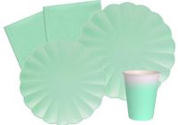 Party Tableware Set Flower Shape for 24 people (112 pcs: 24 plates Ø23cm, 24 plates Ø18cm, 24 cups 200ml, 40 napkins 33x33cm) in eco-friendly compostable paper, mint green