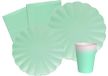 Party Tableware Set Flower Shape for 24 people (112 pcs: 24 plates Ø23cm, 24 plates Ø18cm, 24 cups 200ml, 40 napkins 33x33cm) in eco-friendly compostable paper, mint green