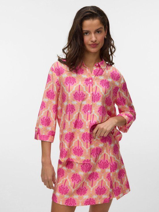 Vero Moda Blouse Vmevelijn 3/4 Shirt Exp 10349830 Snow White/sachet Pink Palm Dames Maat - S