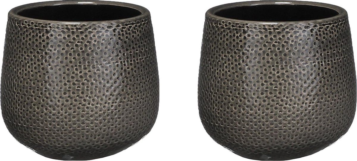 Mica Decorations Set van 2x keramiek bloempotten 12 x 14 cm geribbeld antraciet
