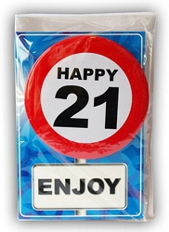 - Happy Birthday kaart met button 21 jaar