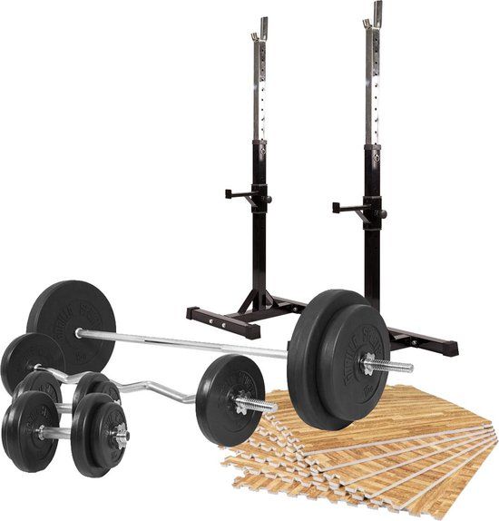 Gorilla Sports Squat /bankdruksteunen - halterset 100 kg & vloermatten