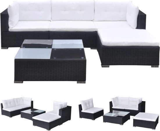 vidaXL Loungeset - 5-delig - met kussens - poly rattan - zwart