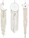 DUGYIRS Bol 3 stuks dromenvanger zon & maan & ster macramé wanddecoratie geweven wandtapijt Boheemse chic muurkunst decoratie voor meisjes slaapkamer woning decoratie ornament handwerk cadeau