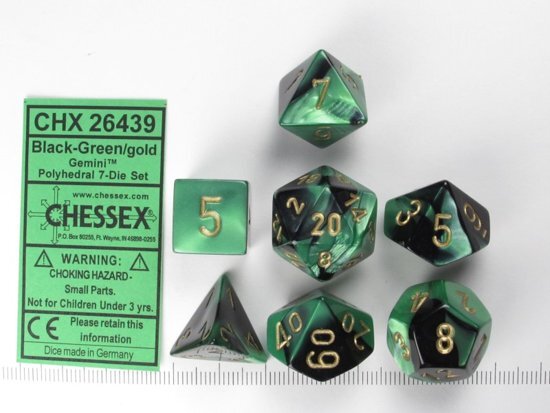 Chessex dobbelstenen set 7 polydice Gemini black-green w/gold