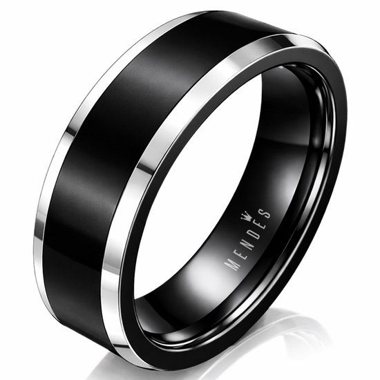 Mendes Jewelry Wolfraam heren ring Zwart Zilver 8mm-17mm